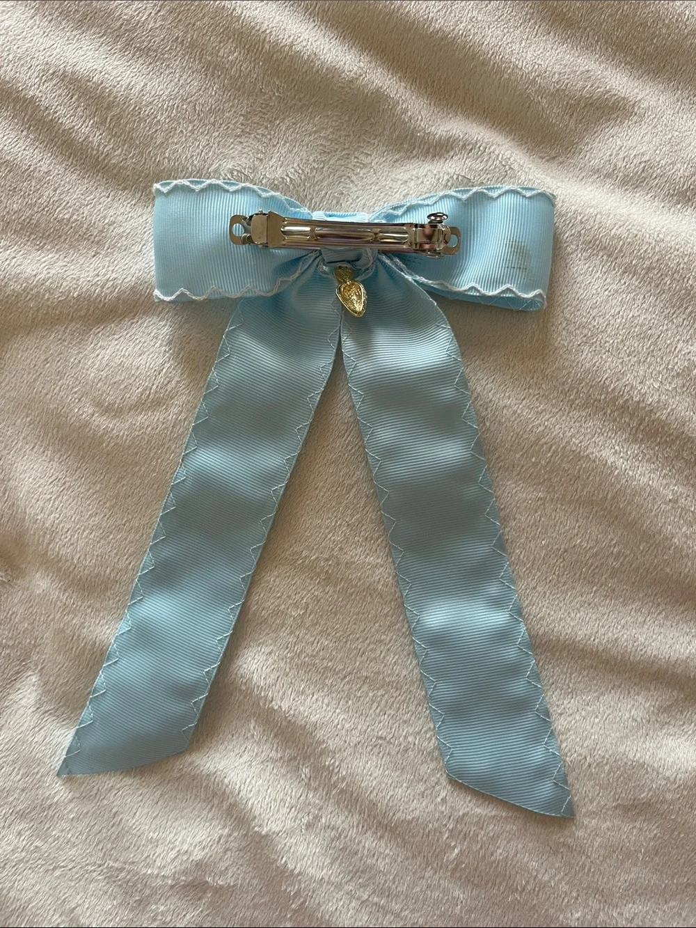 Light Blue Scalloped Ribbon Hair Bow with Orange Charm - Kids Accessories
